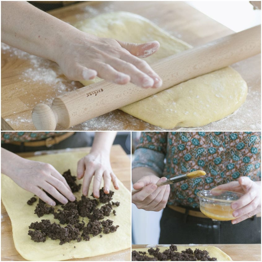 Impasto steso con il matterello, farcito con ripieno al cioccolato e bordi spennellati con uovo