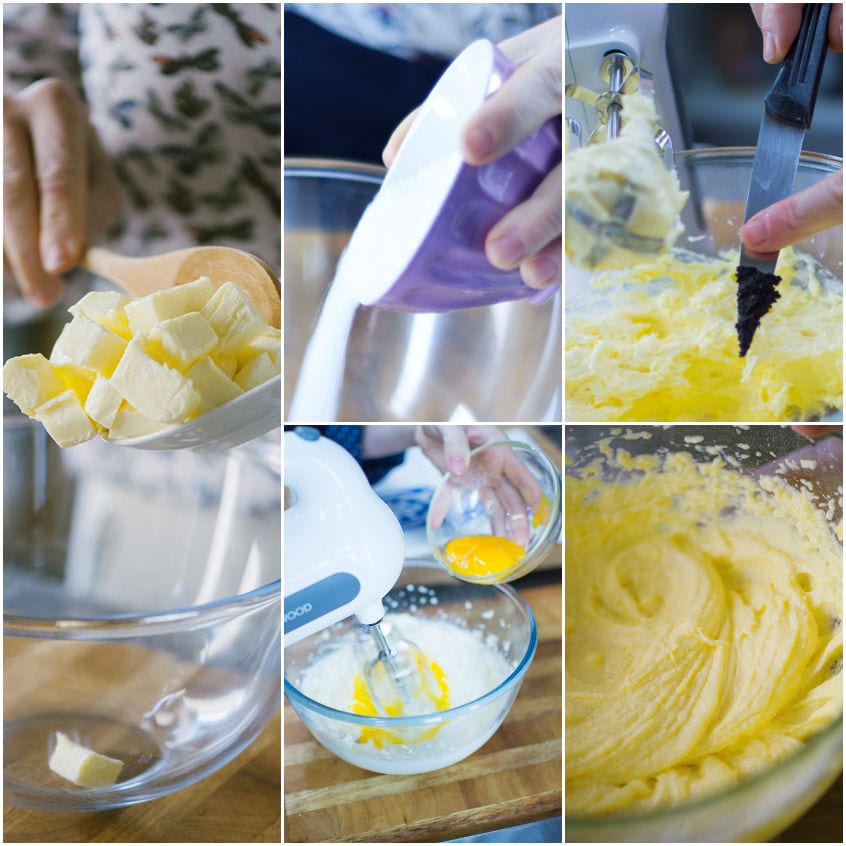 Burro montato con zucchero, uova e vaniglia per l'impasto dei cupcakes