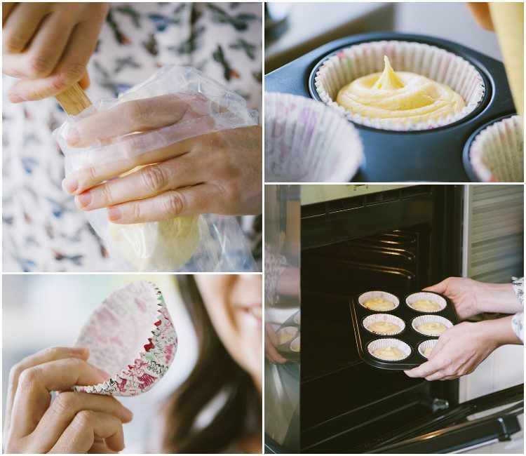 Pirottini riempiti per due terzi con impasto per cupcakes pronti per la cottura