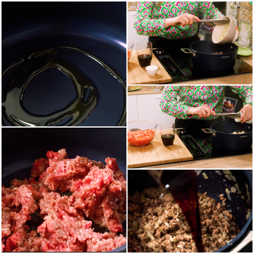 Carne macinata che rosola in padella con cipolla, poi sfumata con vino rosso