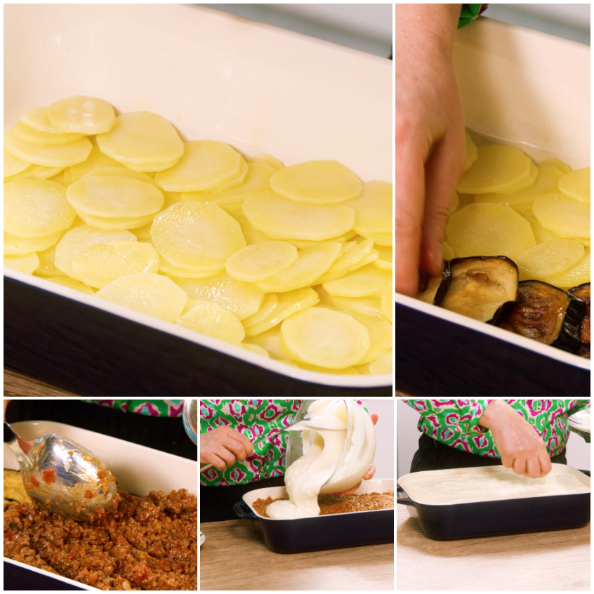 Composizione della moussaka: strati di patate, melanzane, ragù e besciamella versata nella pirofila
