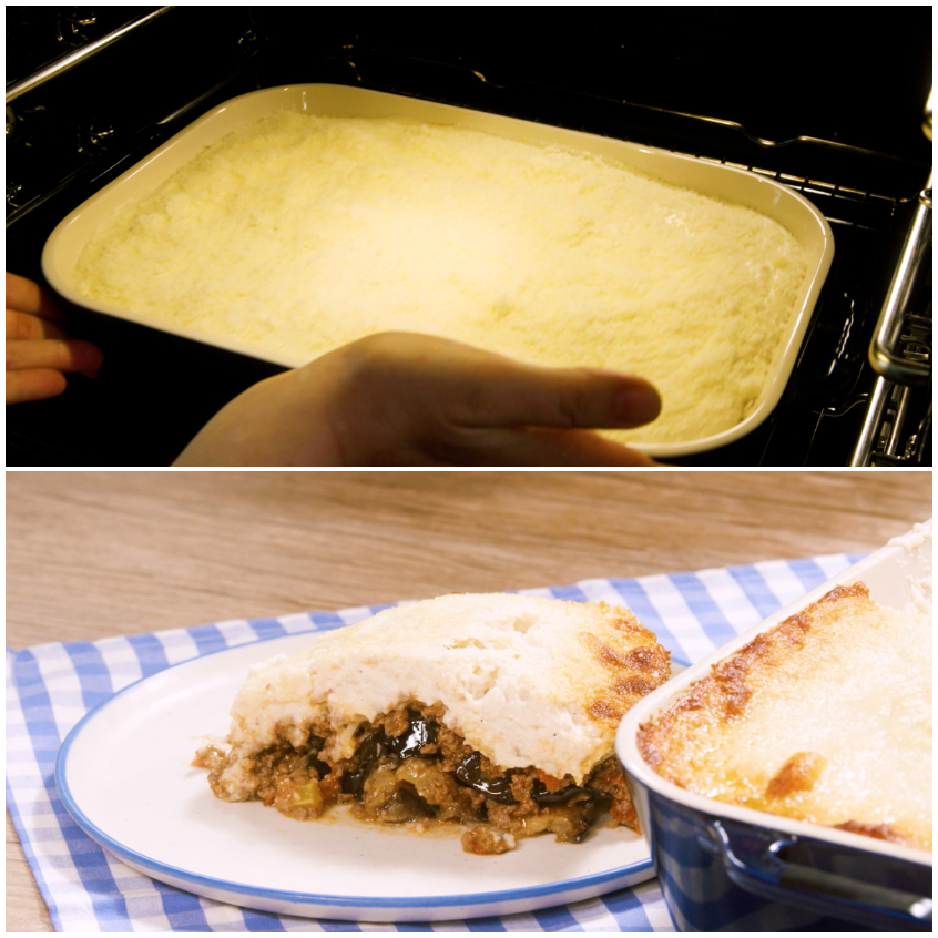 Teglia di moussaka infornata con strato di besciamella, poi servita a fetta con ragù e melanzane