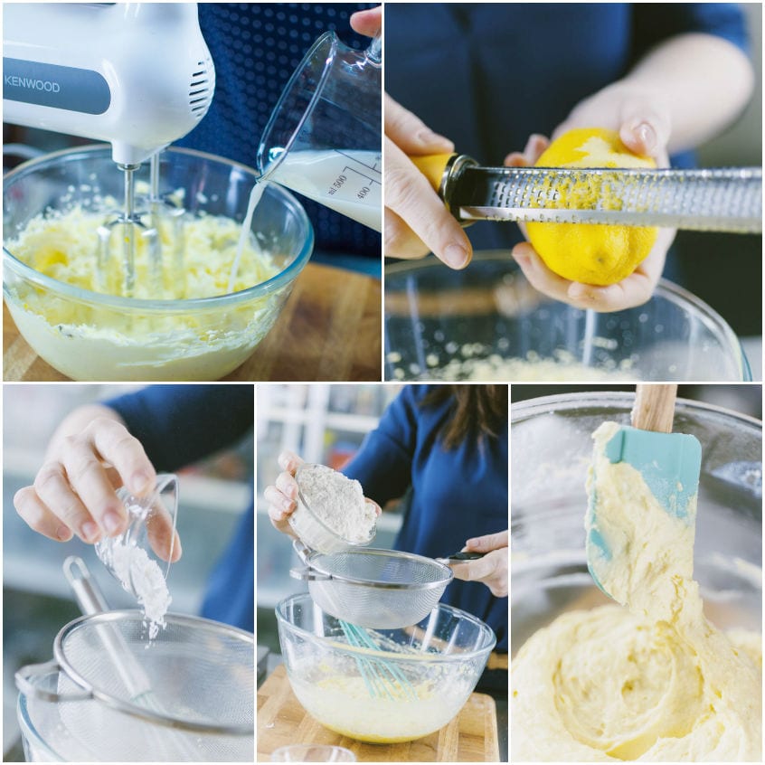 Impasto montato con latte a filo, scorza di limone grattugiata e farina setacciata amalgamata