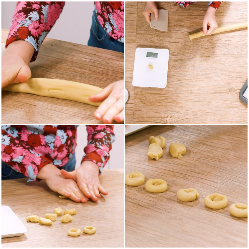 Mani che arrotolano l'impasto in bastoncini e chiudono le estremità formando i taralli