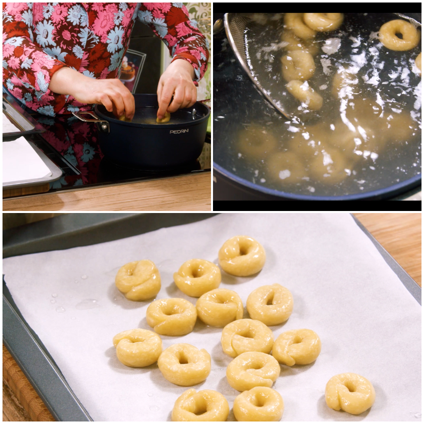Taralli lessati scolati e disposti ad asciugare su carta forno