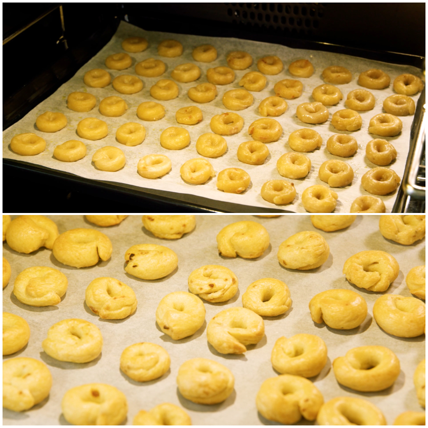 Taralli disposti su carta forno prima e dopo la cottura, dorati e gonfi