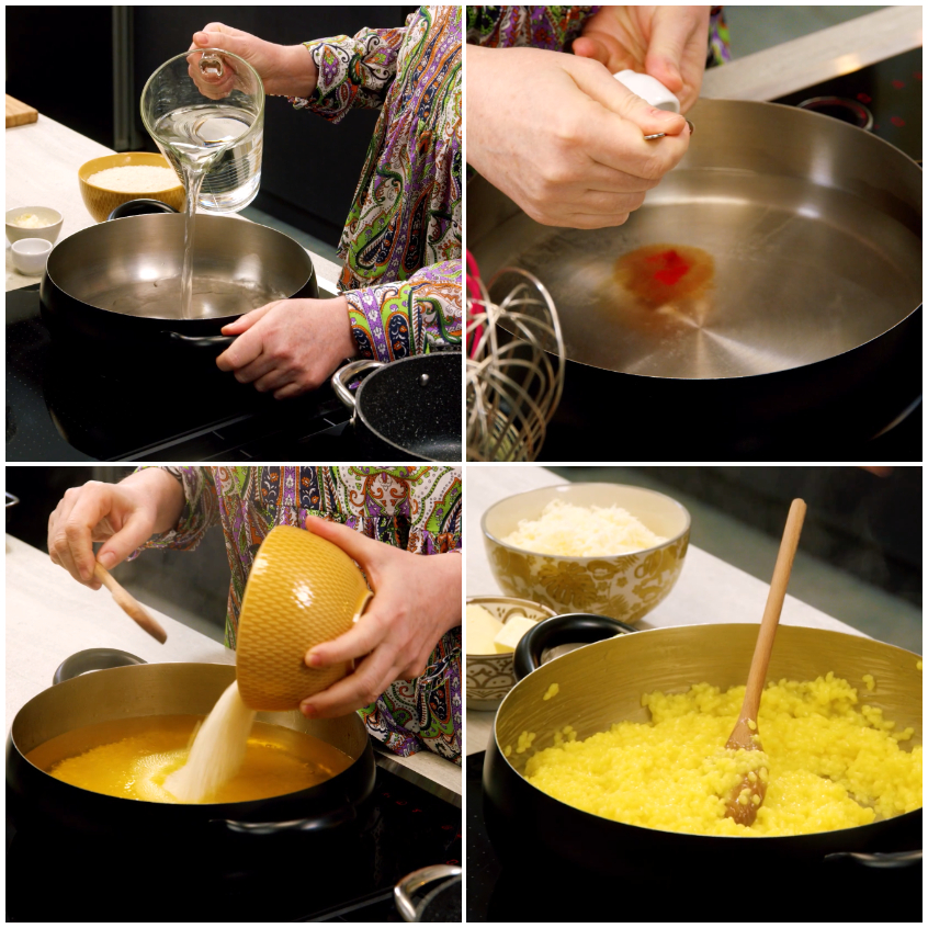 Quattro fasi della preparazione del riso per arancini: acqua, zafferano, mantecatura e riso giallo mescolato