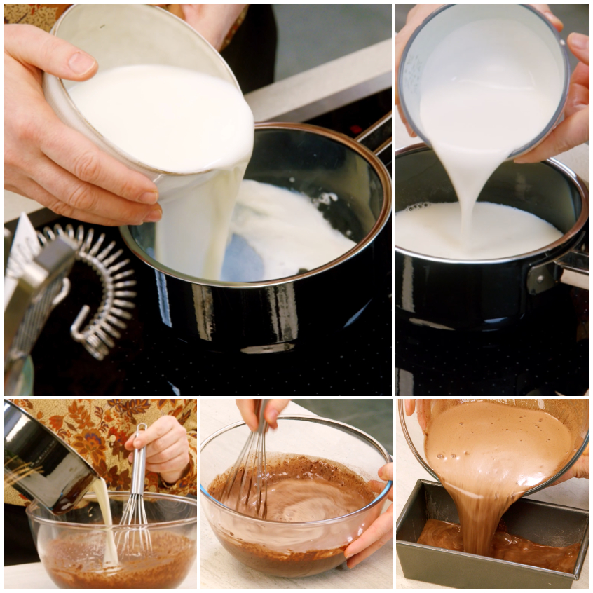 Composto di uova, zucchero, latte e panna versato nello stampo sul caramello per il bonèt