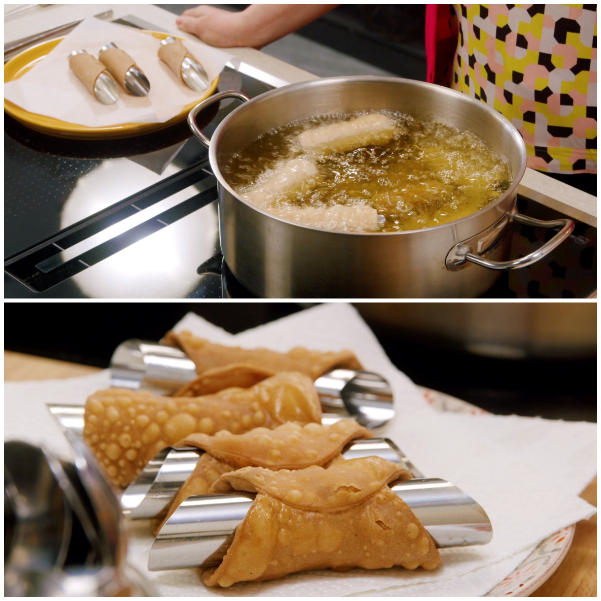 Cialde di cannoli in frittura nell'olio bollente e, dopo la cottura, dorate sui cilindri a scolare