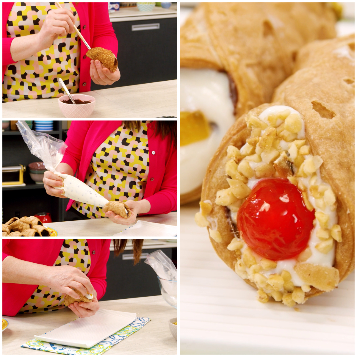 Cannoli siciliani farciti con crema di ricotta, granella di nocciole e ciliegia candita