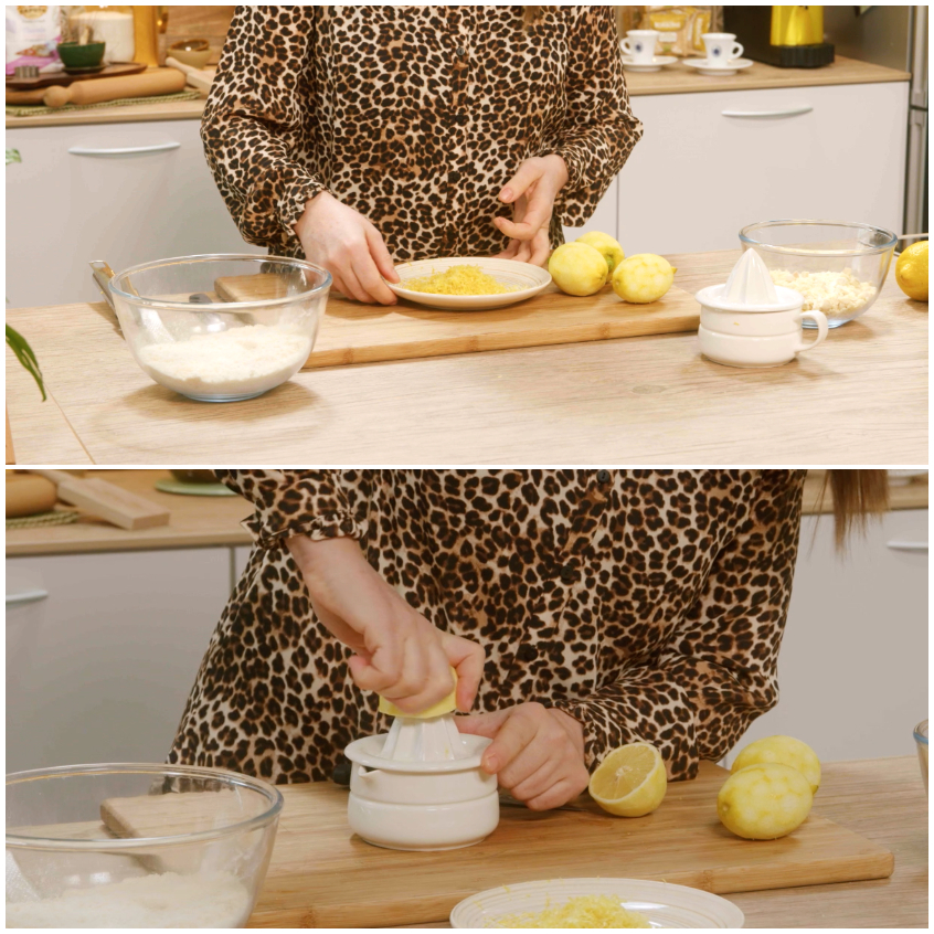 Scorza di limone grattugiata e succo spremuto con uno spremiagrumi per la caprese al limone