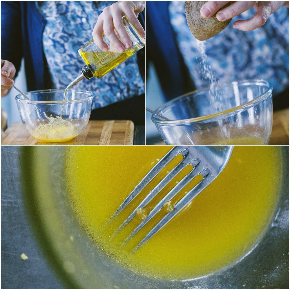 Emulsione di succo d'arancia con olio extravergine sbattuta con una forchetta