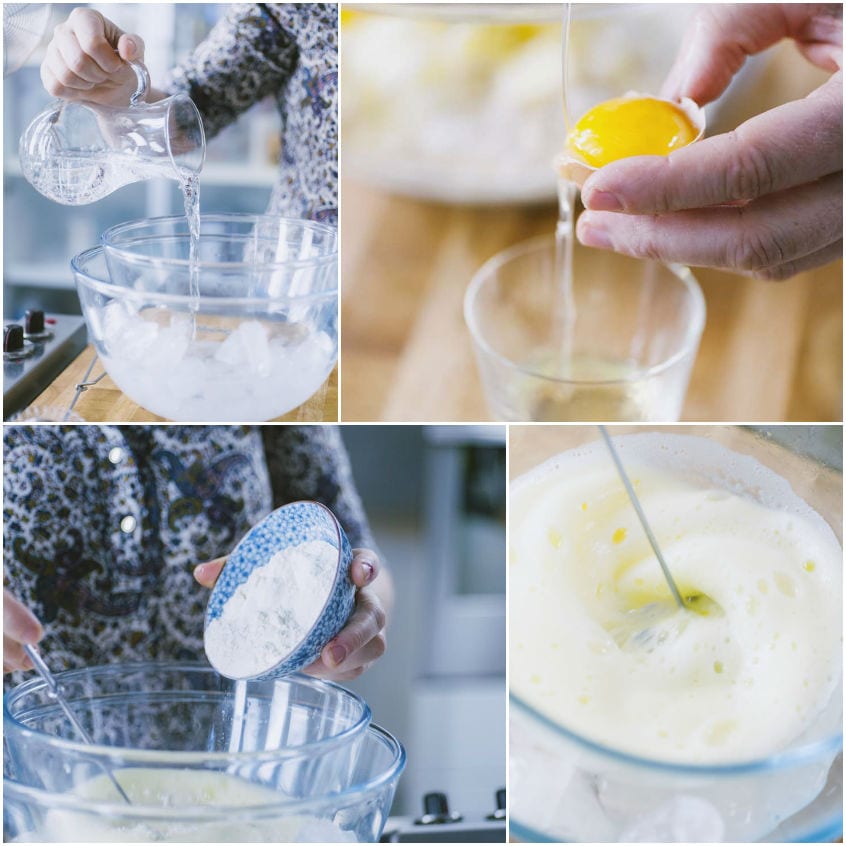 Fasi di preparazione della pastella per tempura: acqua, uovo e farina amalgamati su ghiaccio