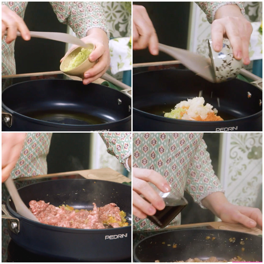 Soffritto di sedano carota e cipolla con carne trita di suino rosolata in tegame