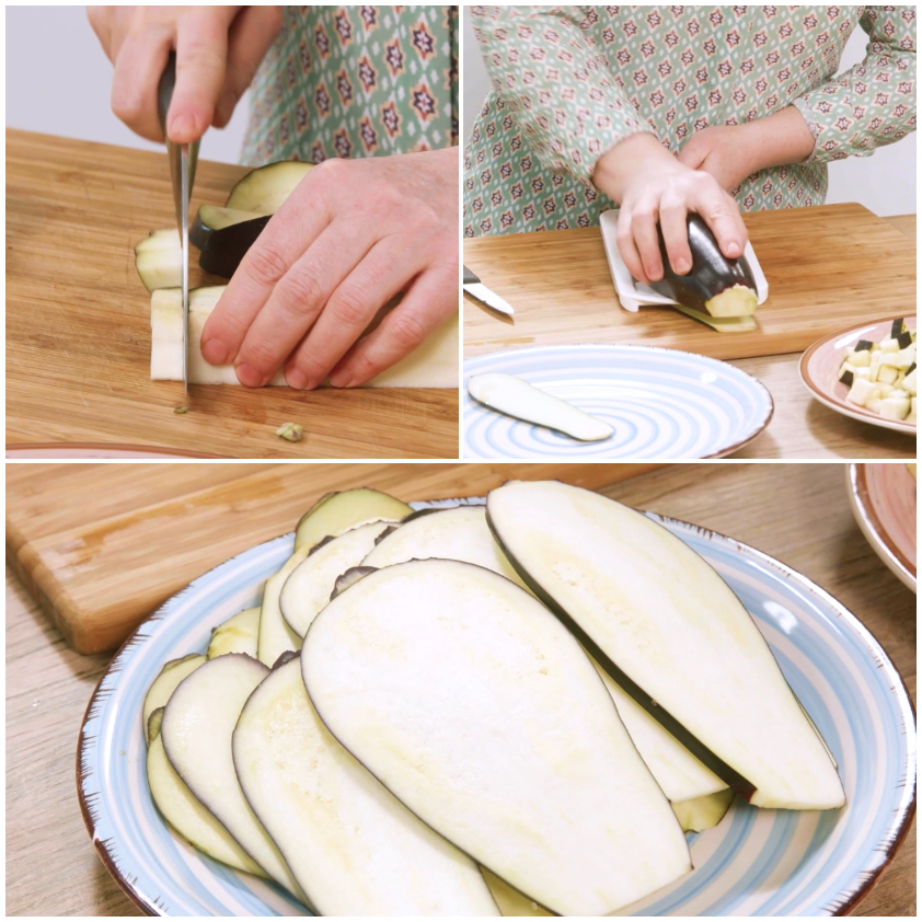 Cubetti e fettine di melanzana su piatto pronte per la frittura