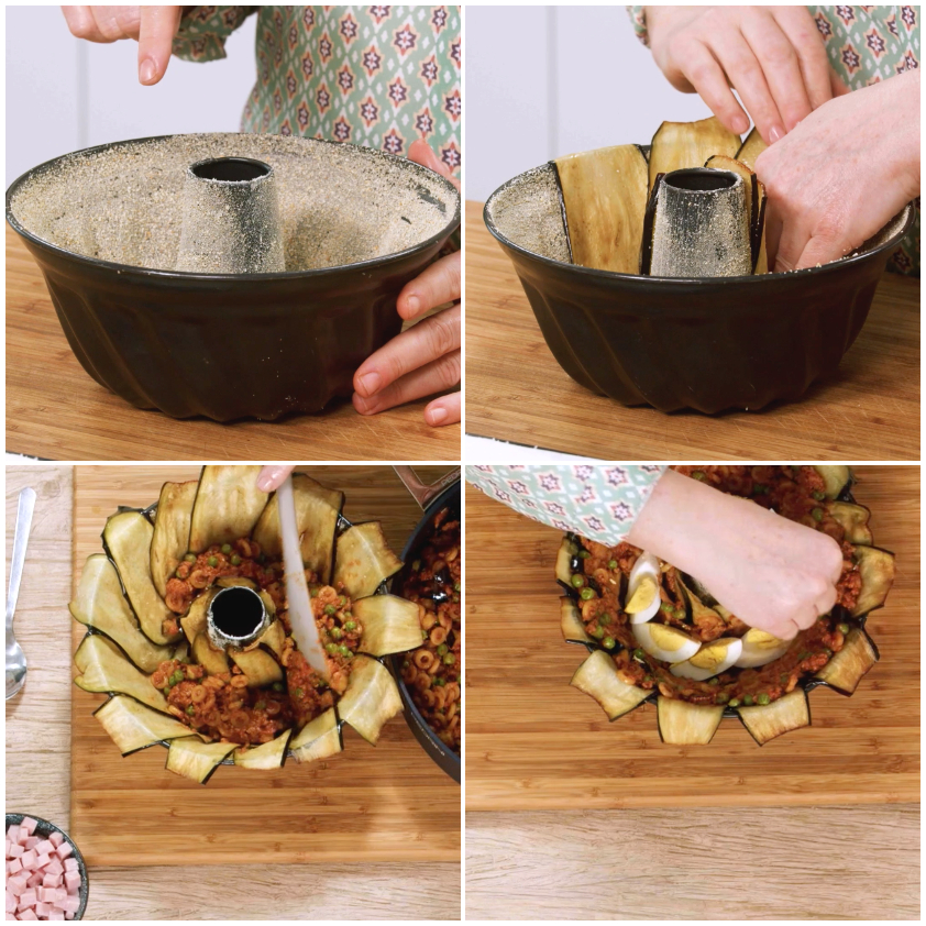 Stampo a ciambella rivestito di melanzane con anelletti e farcitura di uova, prosciutto e scamorza