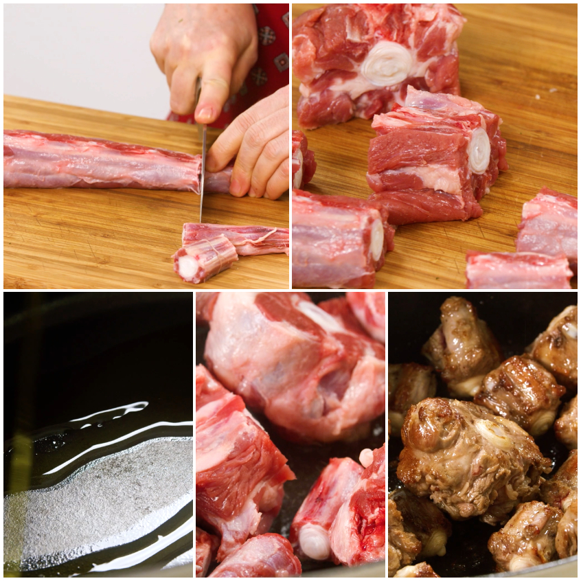 Coda di bue tagliata a pezzi tra i nodi e rosolata in padella fino a doratura