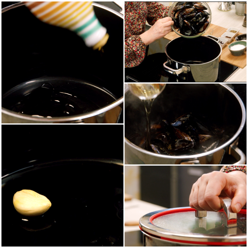 Cozze che si aprono in padella con vino bianco e aglio dorato