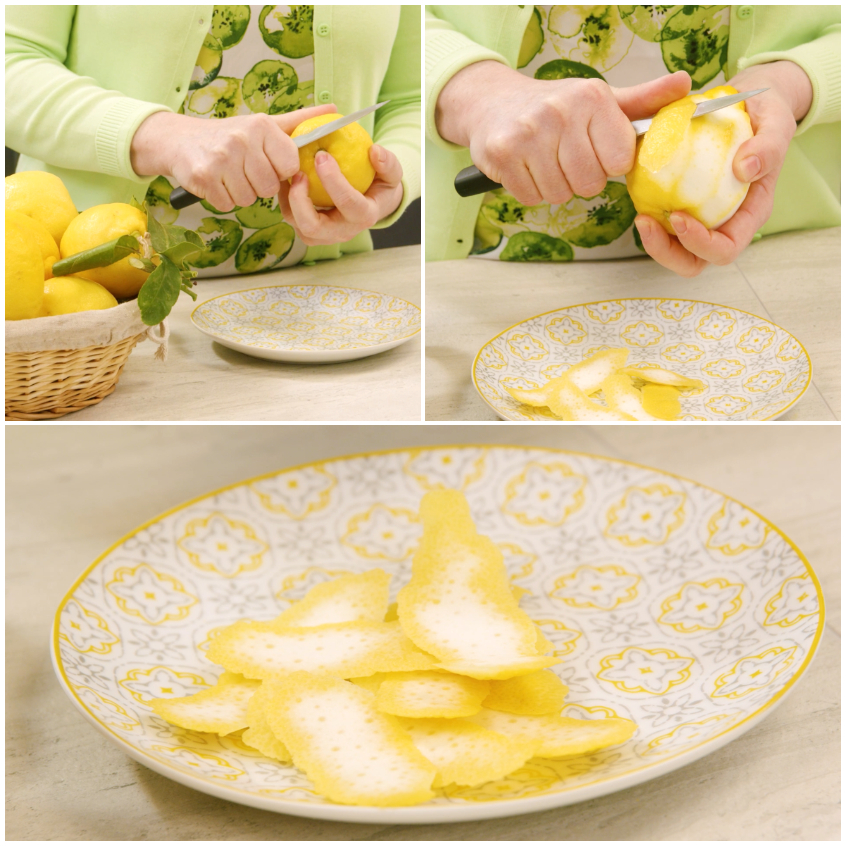 Scorze di limone pelate con coltellino, senza parte bianca, per il limoncello
