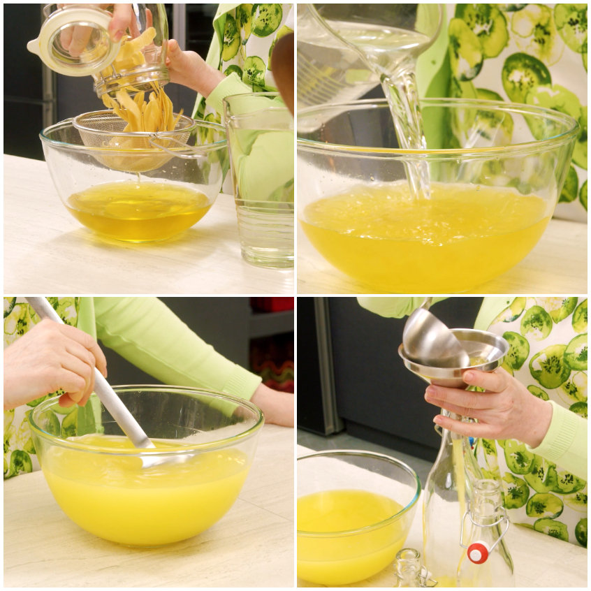 Scorze di limone scolate in un colino mentre l'alcool filtrato si unisce allo sciroppo per il limoncello