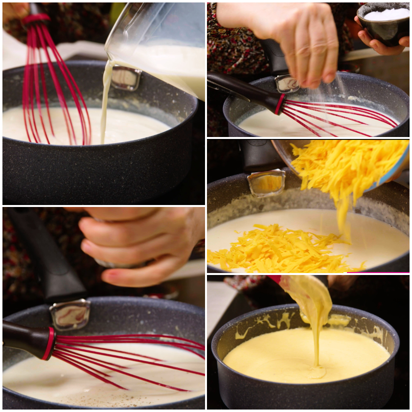 Preparazione della besciamella con latte, formaggio grattugiato e frusta in tegame