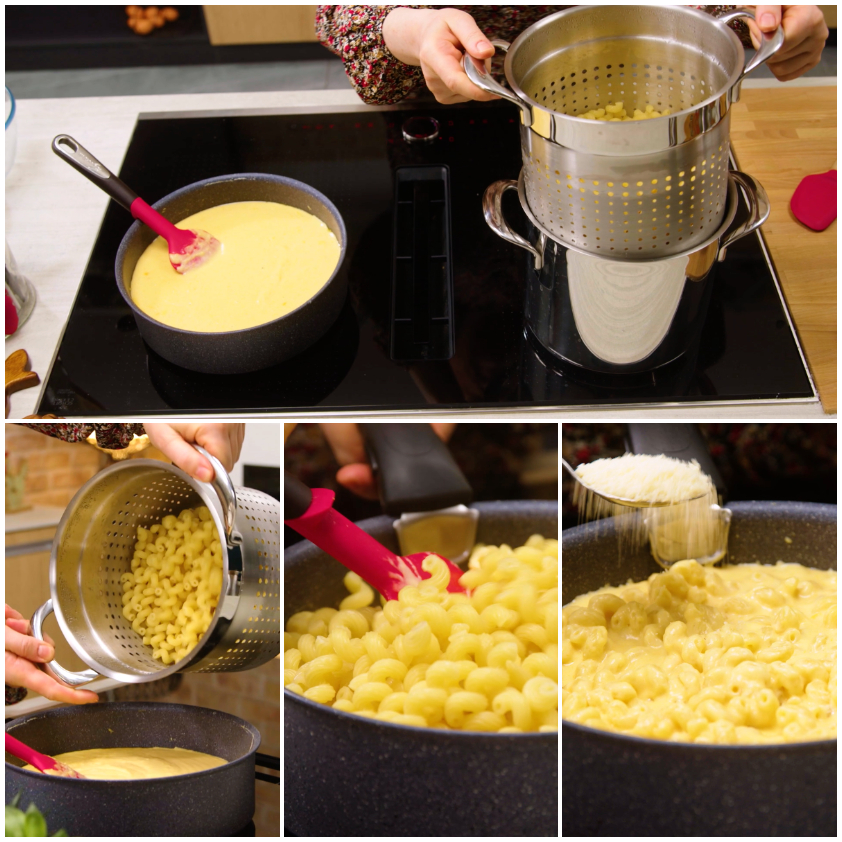 Pasta scolata versata nella crema di formaggio e mescolata con parmigiano grattugiato