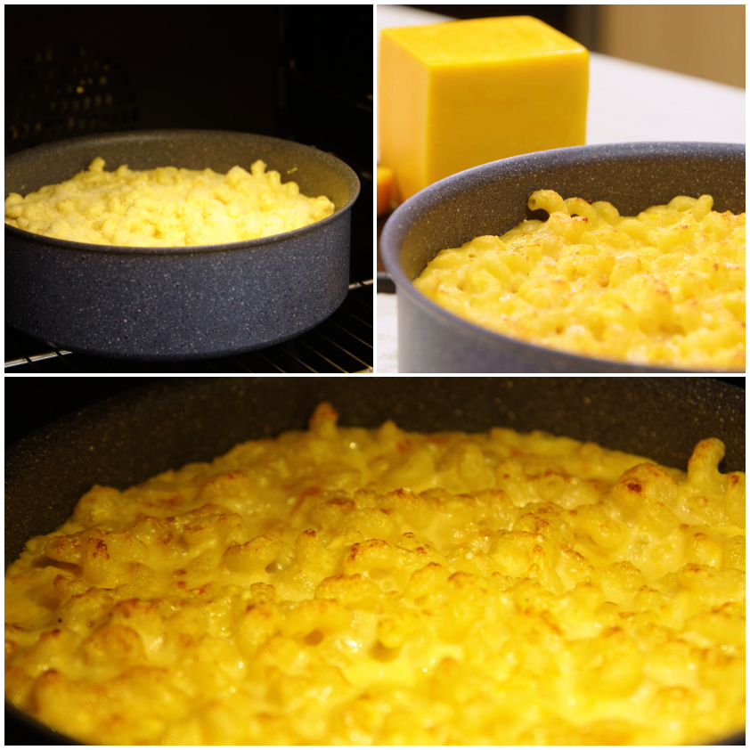 Teglia di maccheroni cheese appena sfornata con la superficie dorata e croccante al grill