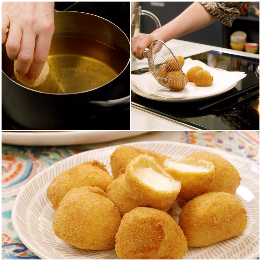 Mozzarelline fritte immerse nell'olio caldo, scolate e servite con il cuore filante in vista