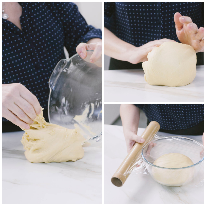 Impasto di pan brioche trasferito sul piano, lavorato a mano e pirlandato, poi riposto in ciotola coperta con pellicola