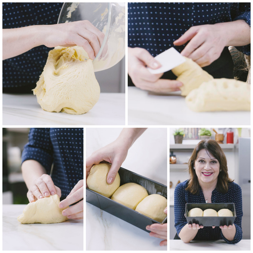 Tre sfere di impasto per pan brioche disposte nello stampo prima della seconda lievitazione