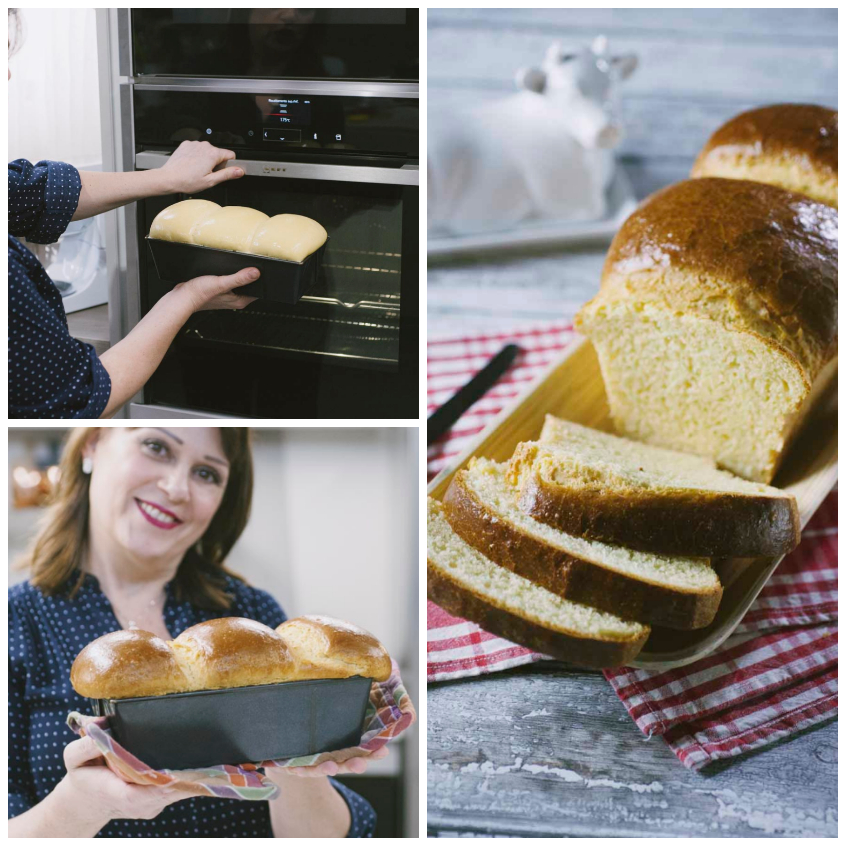 Pan brioche dorato appena sfornato, con la mollica soffice in primo piano dopo il taglio a fette