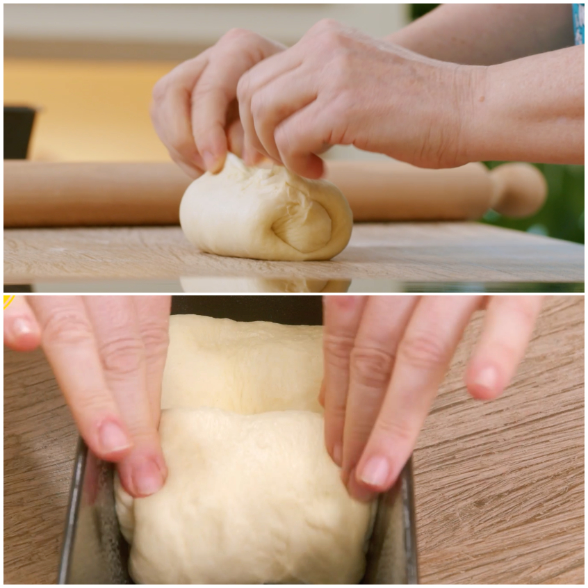 Mani che sigillano un rotolo di impasto e lo sistemano nello stampo da plumcake
