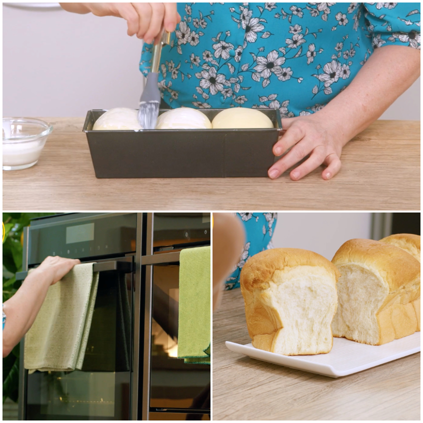 Palline di impasto spennellate con panna prima della cottura, poi il pane giapponese sfornato e tagliato