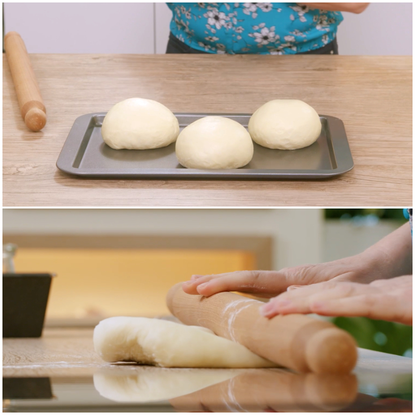 Tre palline di impasto su teglia e mani che stendono una porzione con il matterello