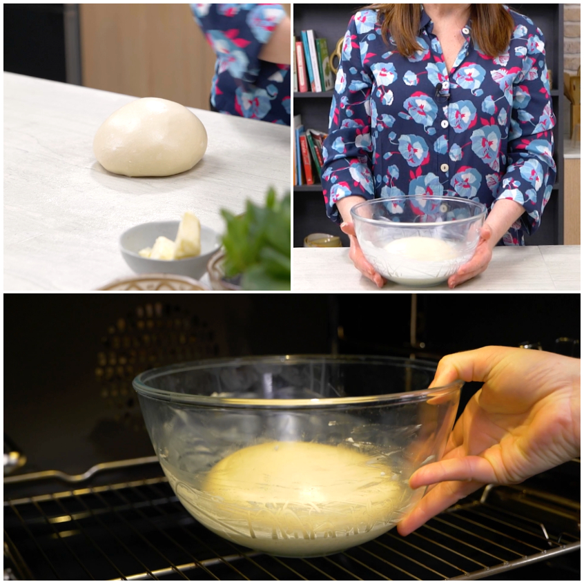 Impasto per panini al latte modellato a sfera su piano infarinato, pronto per la lievitazione
