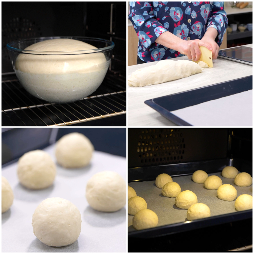Palline di impasto per panini al latte disposte su carta da forno prima della seconda lievitazione