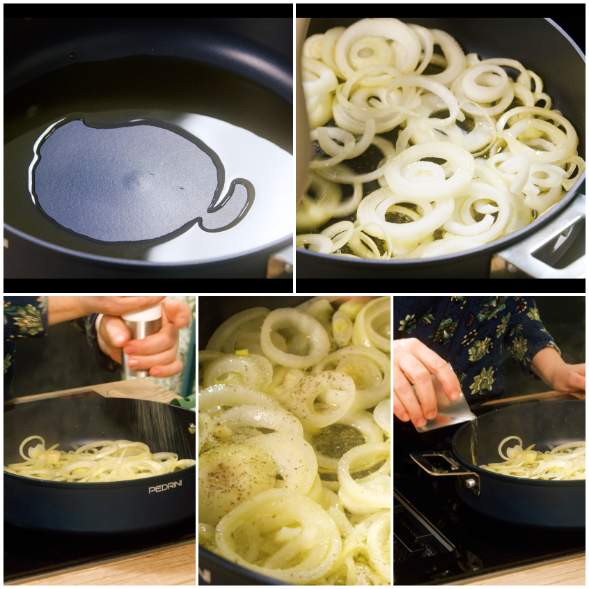 Anelli di cipolla che appassiscono in padella con olio, sale e pepe