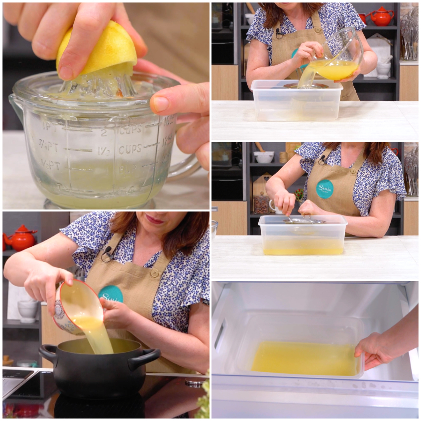 Succo di limone appena spremuto versato nel composto, poi filtrato e messo in freezer
