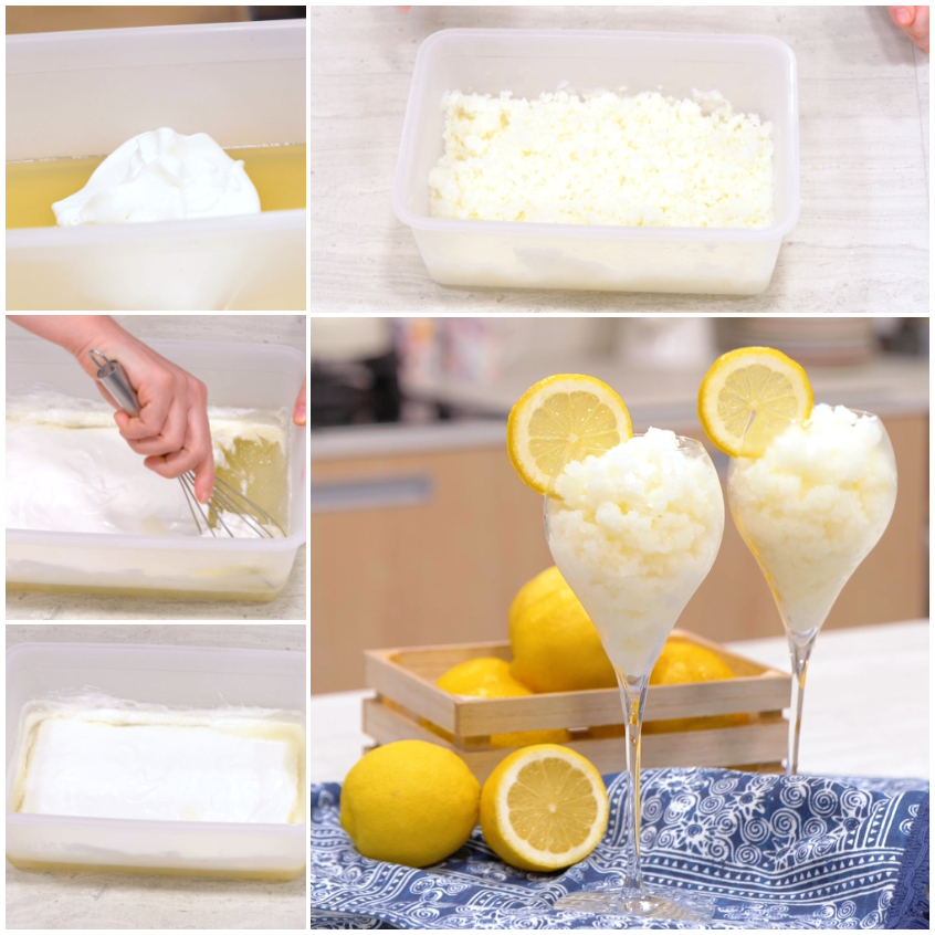 Sorbetto al limone granuloso in un contenitore dopo il passaggio in freezer, pronto da spezzare con la frusta