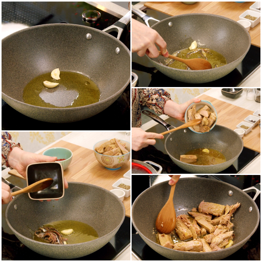 Aglio in olio caldo, poi acciughe e tonno sgocciolato sminuzzato in padella con il cucchiaio