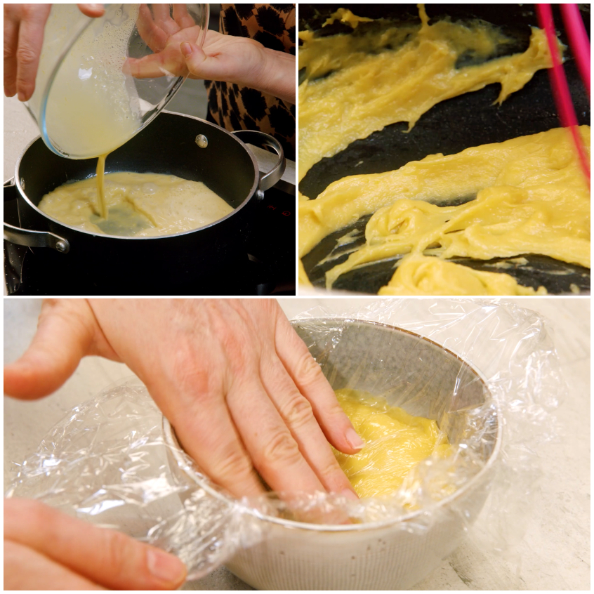 Crema pasticcera versata in padella, stesa a raffreddare e coperta con pellicola a contatto in una ciotola
