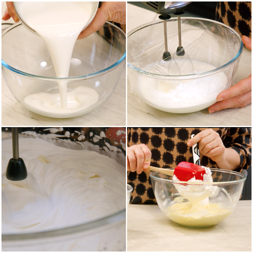 Panna versata in una ciotola, poi montata con le fruste e unita delicatamente alla crema pasticcera