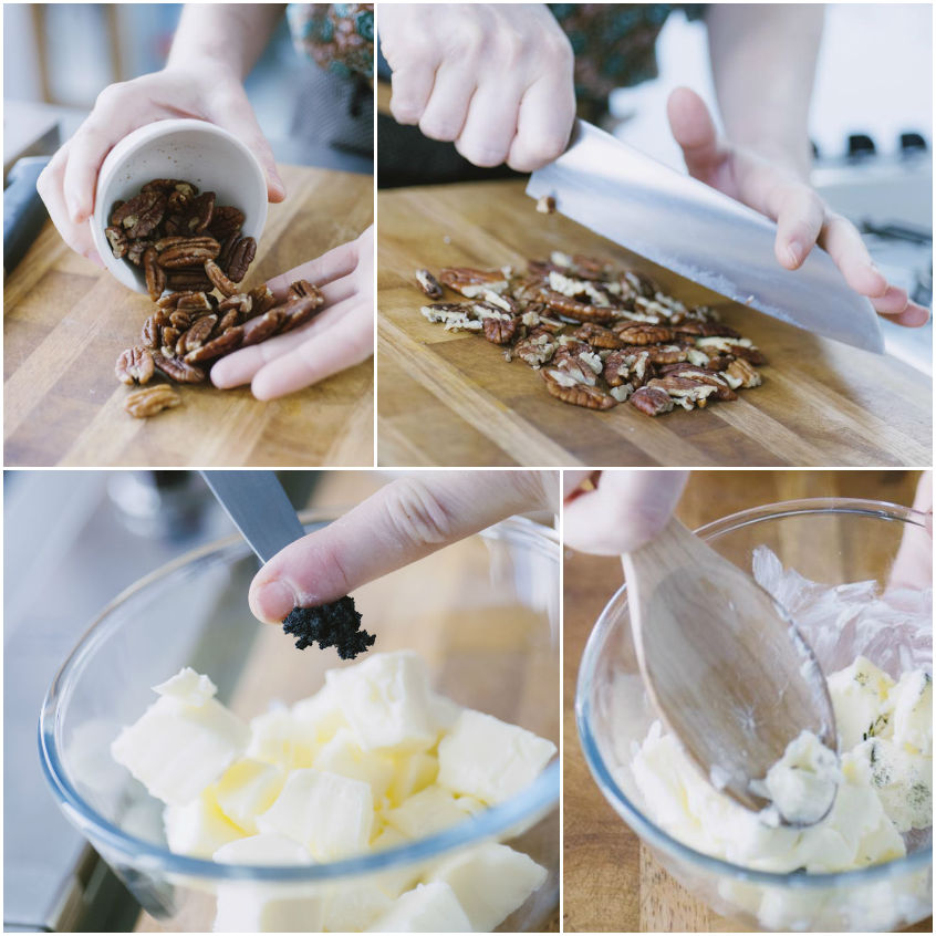 Noci pecan tritate sul tagliere e burro lavorato con semi di vaniglia in una ciotola