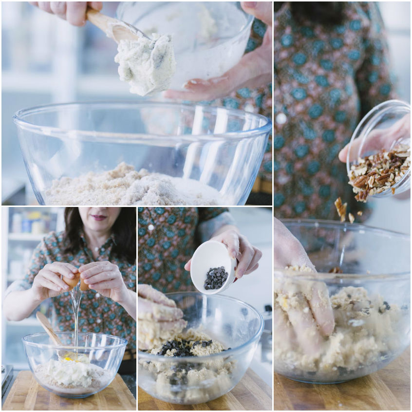 Preparazione dei cookies: si aggiungono uovo, gocce di cioccolato e noci pecan all'impasto