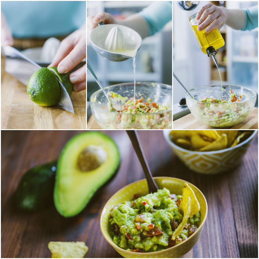Collage di preparazione del guacamole: lime tagliato, succo spremuto sulla salsa e olio versato, poi il piatto finito con nachos