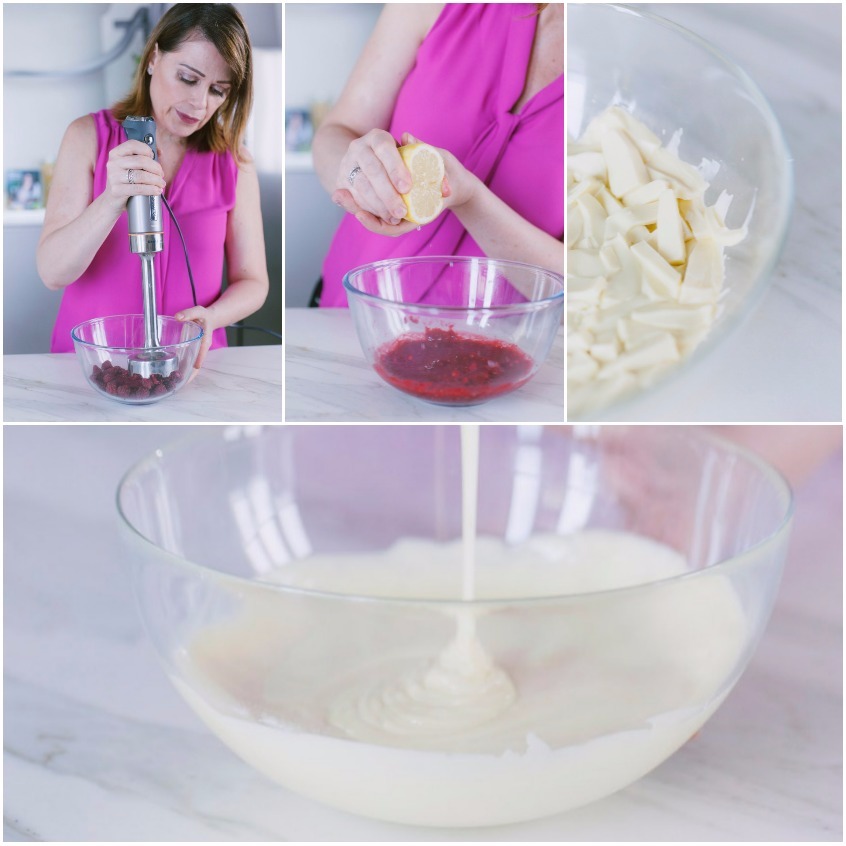 Lamponi frullati a immersione, succo di limone e cioccolato bianco a scaglie per la ganache