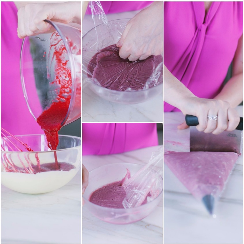 Ganache ai lamponi versata, coperta a contatto e trasferita nella sac à poche