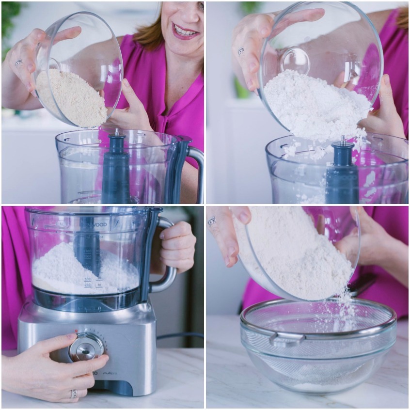 Farina di mandorle e zucchero a velo versati nel food processor, poi setacciati in una ciotola