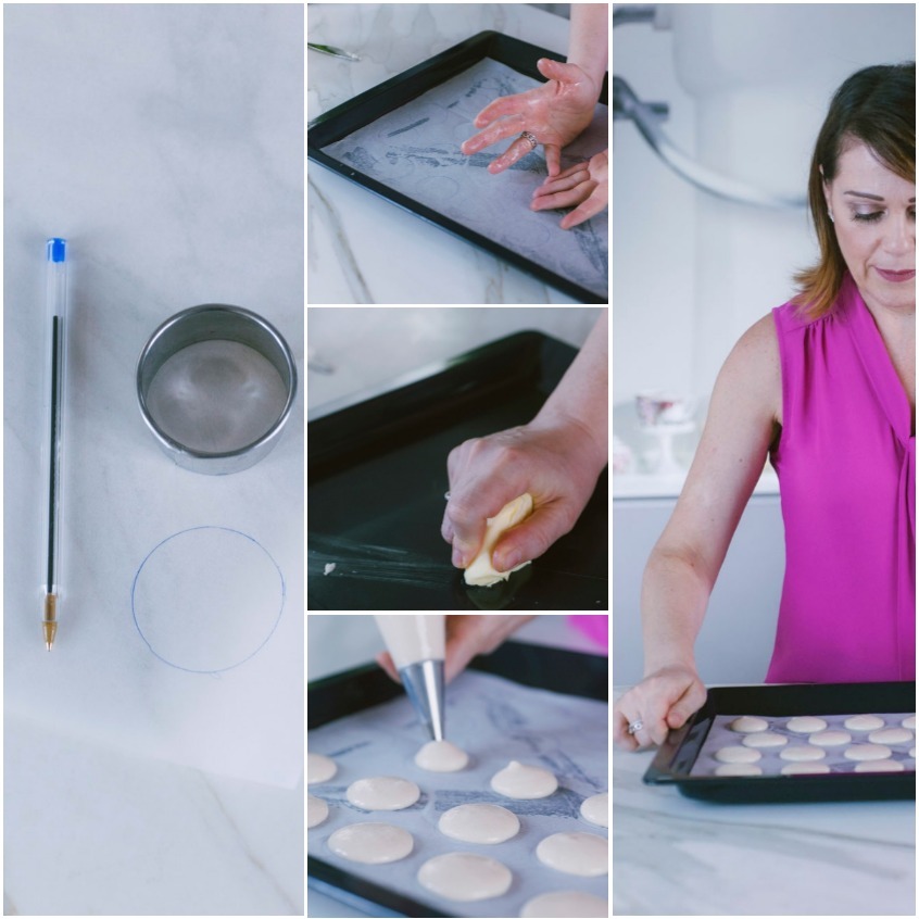 Cerchi tracciati su carta forno, teglia imburrata e impasto spremuto con sac à poche per formare i macarons