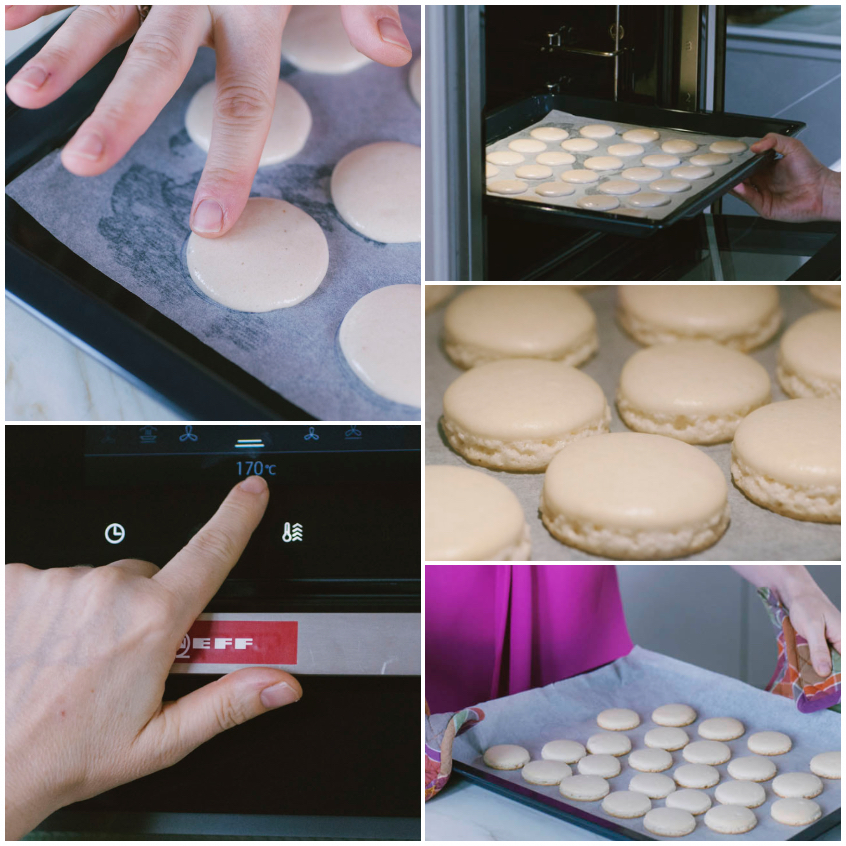 Macarons crudi su teglia, cottura in forno e gusci appena sfornati pronti a raffreddare